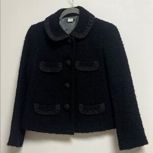 J. Crew Black Boucle Tweed Blazer with 4 Pockets Ruffle Trim Peter Pan Collar XS